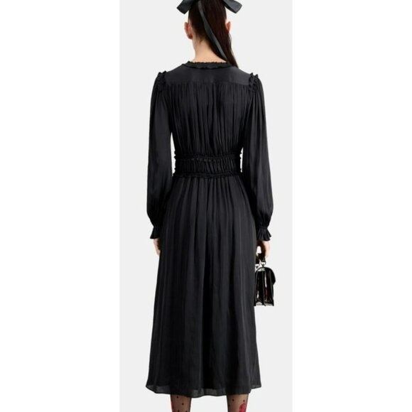 The Kooples $385 Black Long-Sleeve Midi Dress Smocked Waist Size M NWT - Picture 4 of 9